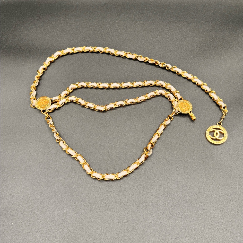 CHANEL CC Logo Charm Chain Belt Leather Gold White with box SMALL
